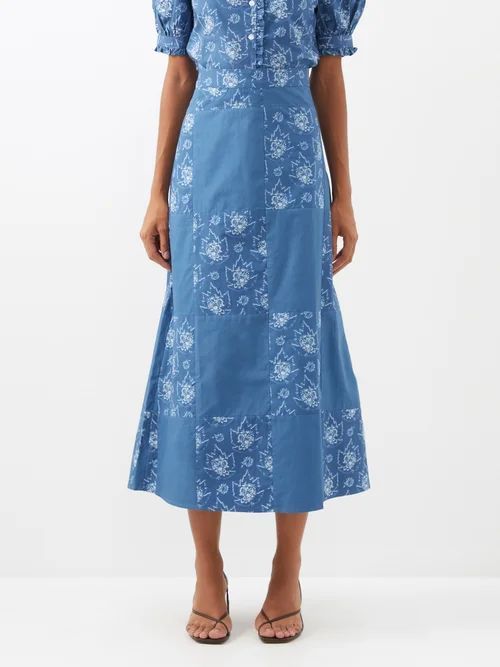 Patchwork Floral-print Cotton Midi Skirt - Womens - Blue White