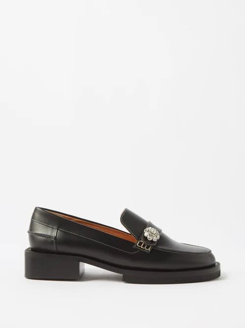 Crystal-embellished Leather Loafers - Womens - Black