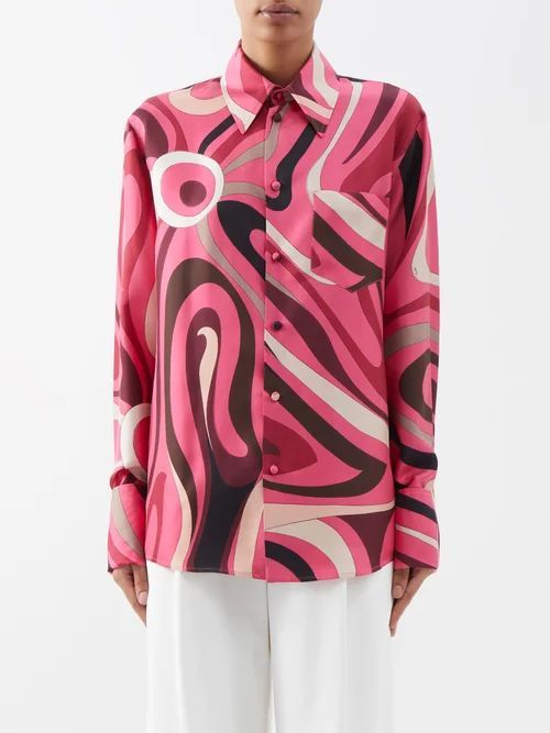 Abstract-print Silk-twill Shirt - Womens - Pink Print