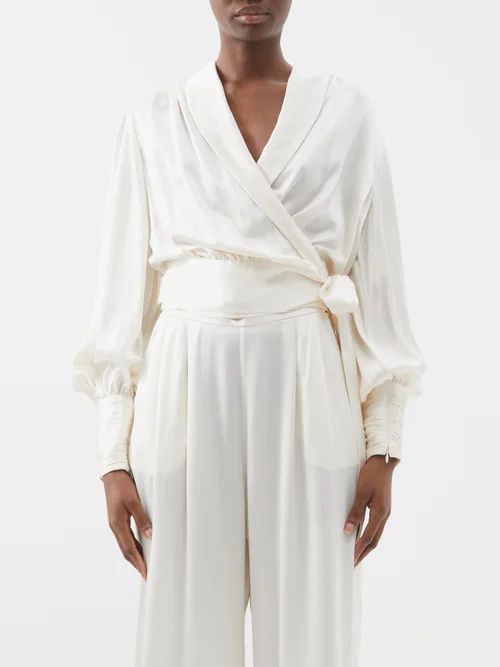 Shawl-collar Cropped Silk Wrap Blouse - Womens - Cream