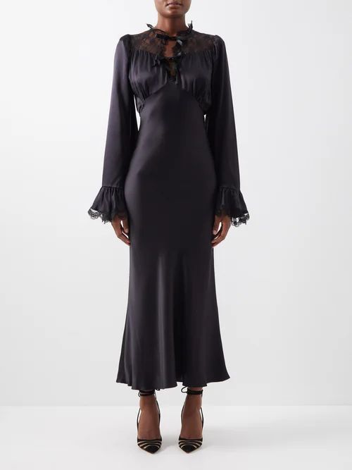 Flared-sleeve Lace-trimmed Silk-satin Dress - Womens - Black