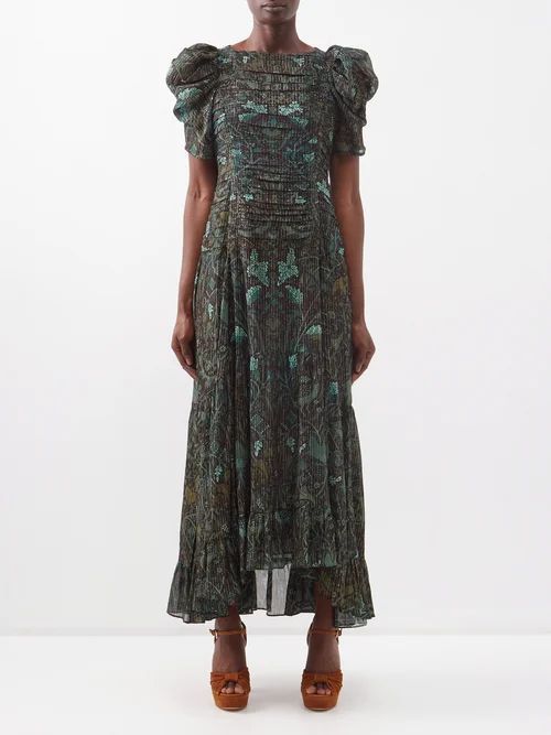 Marte Puff-sleeve Botanical-print Silk Dress - Womens - Dark Green