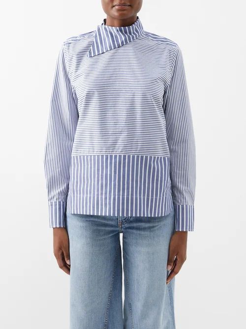 Asymmetric-collar Striped Cotton-twill Shirt - Womens - Grey Blue