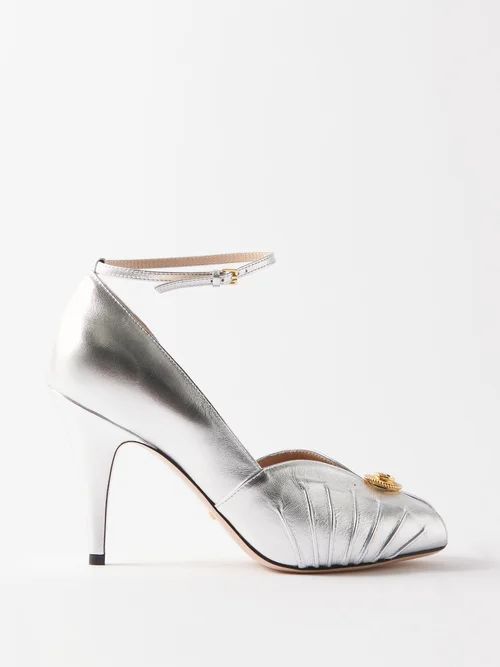 Logo-plaque Open-toe Leather Sandals - Womens - Silver