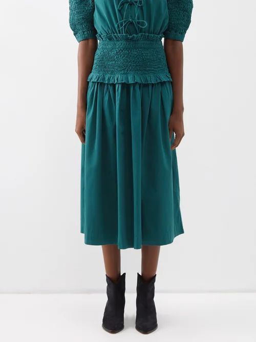 Casey Smocked-waist Cotton Midi Skirt - Womens - Dark Green
