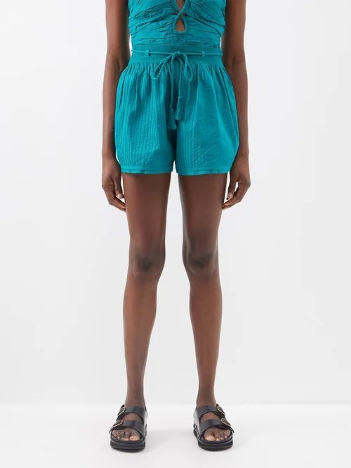 Rina Tasselled Stitch-pleated Cotton Shorts - Womens - Green
