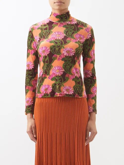 Floral-print Velvet Long-sleeve T-shirt - Womens - Orange Multi