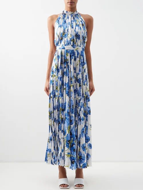 Giorgia Floral-print Pleated Halterneck Silk Dress - Womens - Blue White