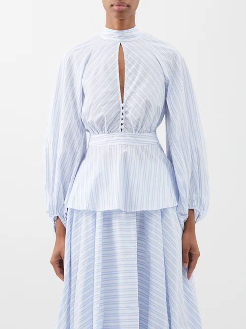 Danica Backless Striped-cotton Peplum Blouse - Womens - Blue White