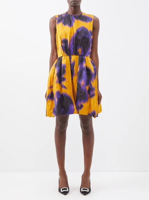 Floral-print Sateen Sleeveless Dress - Womens - Yellow Print