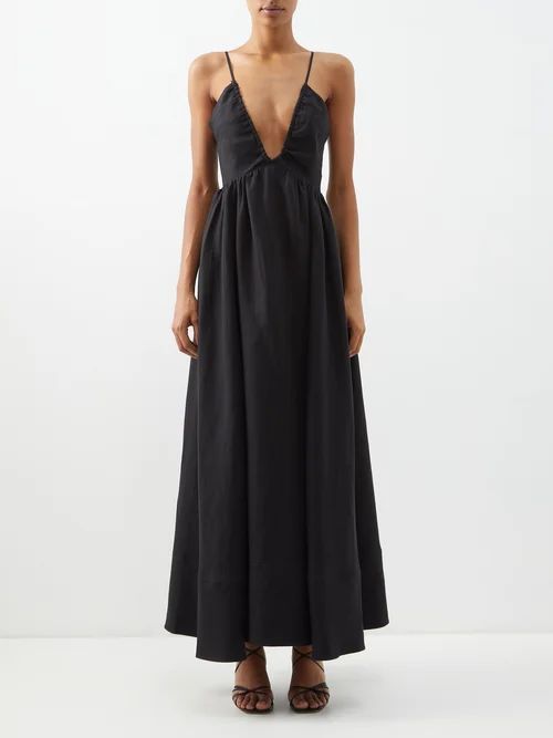 Plunge-front Halterneck Organic-linen Dress - Womens - Black