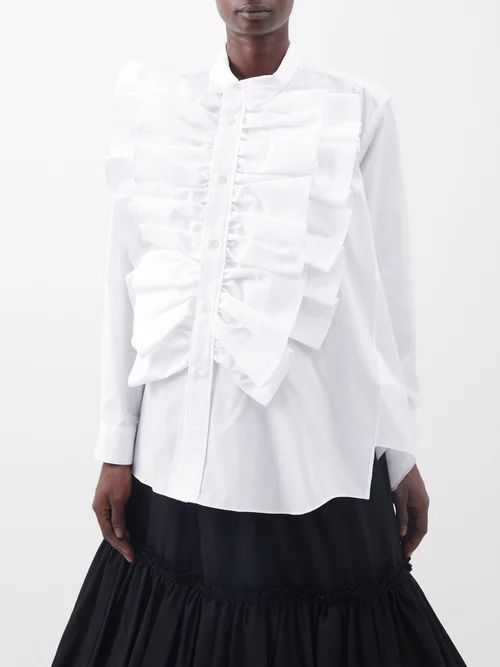 Asymmetric Ruffled Cotton-poplin Shirt - Womens - White