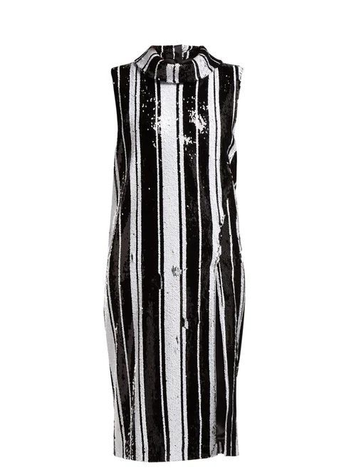 Sequinned High-neck Midi Dress - Womens - Black White