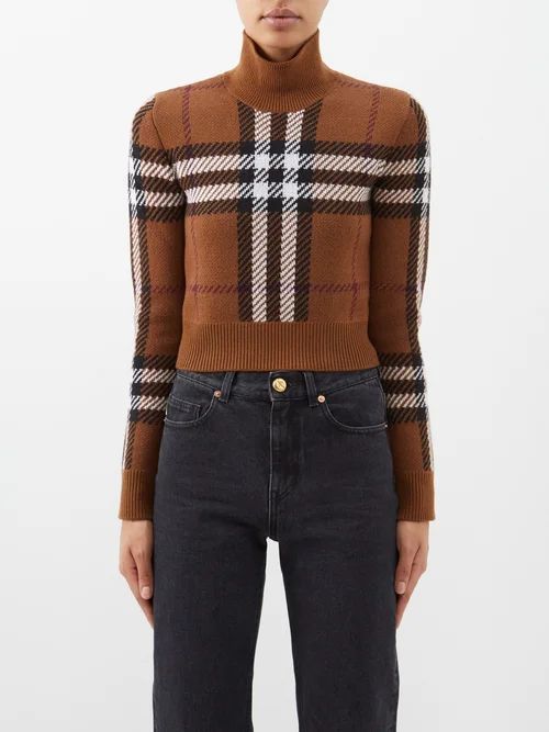 Check High-neck Wool Sweater - Womens - Brown Multi