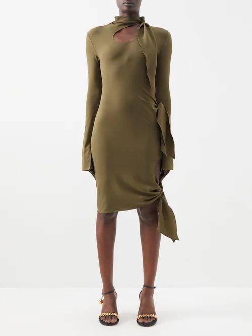Artis Tie-neck Silk-blend Crepe Midi Dress - Womens - Light Khaki