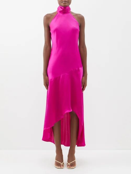 Draped Tie-neck Silk-satin Halter Dress - Womens - Pink