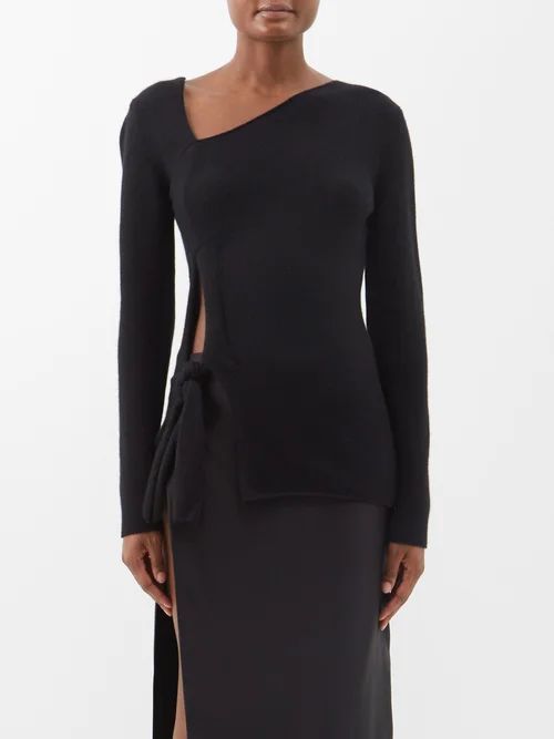Asymmetric Cashmere-blend Side-tie Sweater - Womens - Black