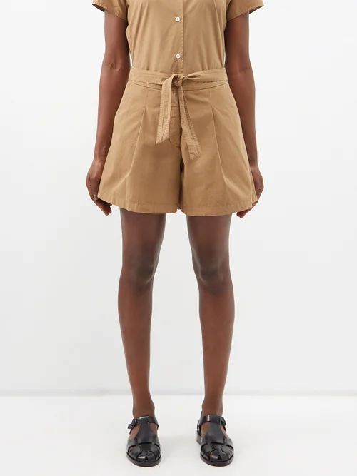 Canberra Pleated Cotton-canvas Shorts - Womens - Brown
