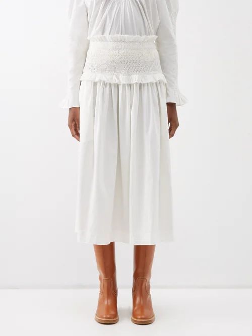 Casey Smocked-waist Cotton Midi Skirt - Womens - Ivory