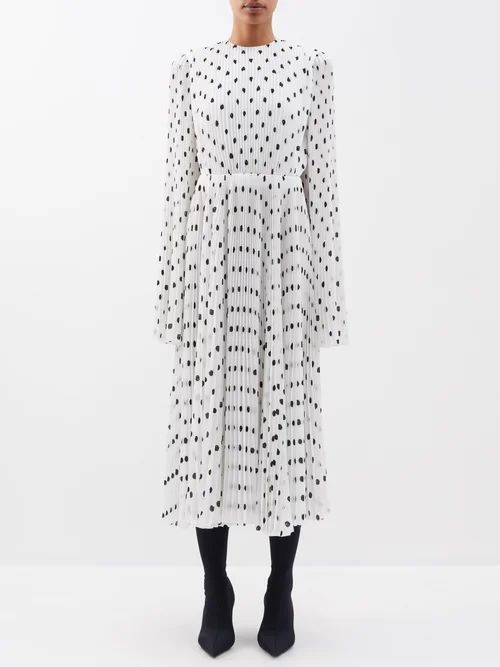 Polka-dot Plissé Midi Dress - Womens - White Black