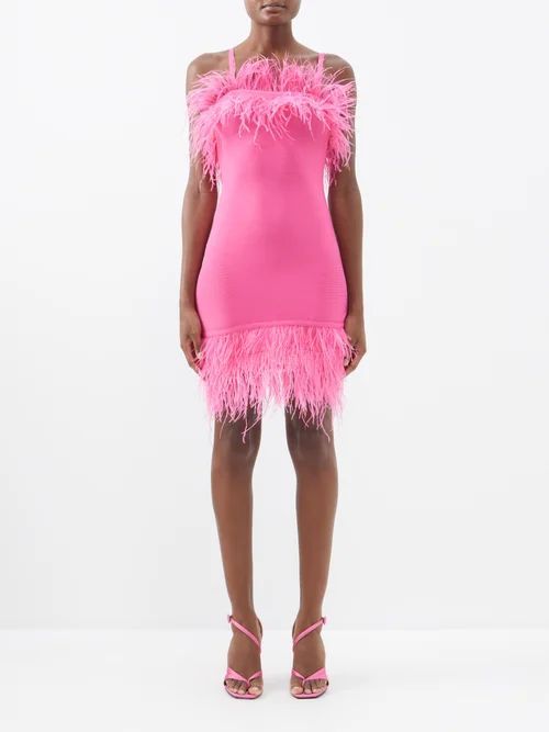 Etta Feather-trim Stretch-knit Mini Dress - Womens - Bright Pink
