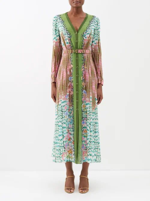 Lea Abstract-print Belted Silk Midi Dress - Womens - Green Multi