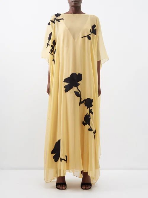 Stevie Floral-appliqué Chiffon Kaftan Dress - Womens - Yellow Gold