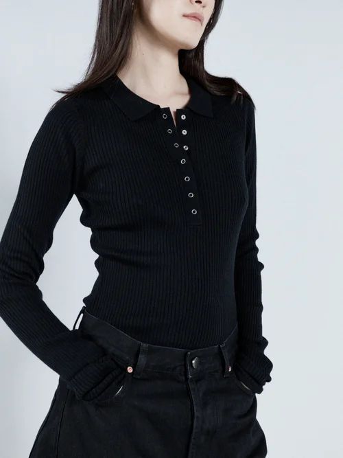 Responsible Merino Wool Knitted Polo Shirt - Womens - Black