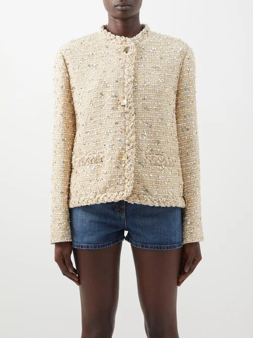Collarless Embellished-tweed Jacket - Womens - Gold