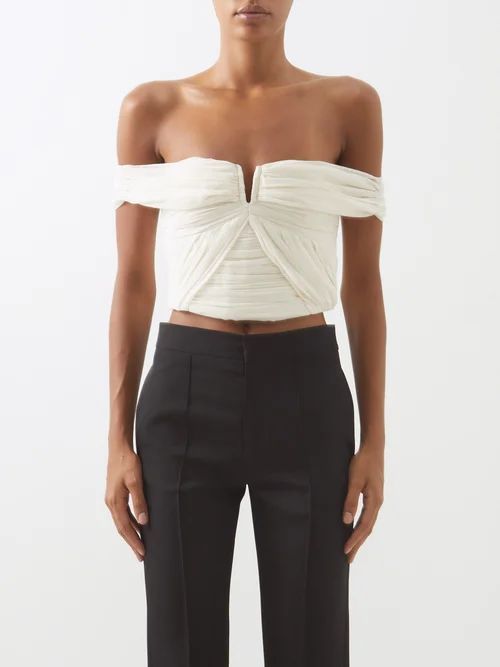 Off-the-shoulder Pleated Chiffon Top - Womens - Cream