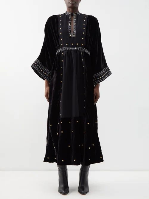 Josephine Studded Velvet And Cotton Midi Dress - Womens - Black