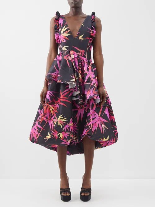 Lori Plunge-front Printed Taffeta Midi Dress - Womens - Black Pink