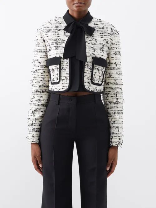 Neck-tie Cotton-blend Bouclè Jacket - Womens - Black White