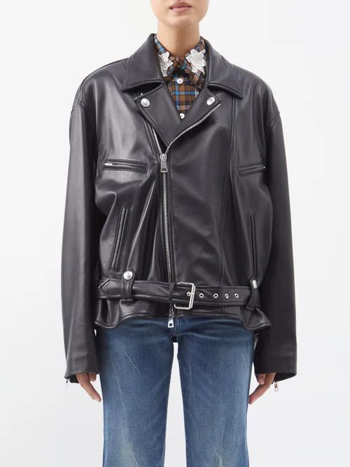 Oversized Leather Biker Jacket - Womens - Black