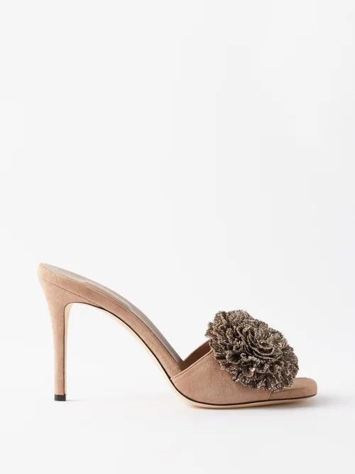 Lavinia 90 Floral-embellished Suede Mules - Womens - Nude