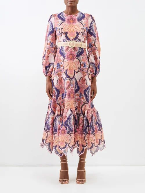 Laurel Billow Printed Linen Midi Dress - Womens - Navy Pink