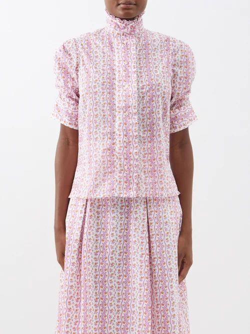Vita Ruffled Floral-print Cotton Top - Womens - Pink Multi