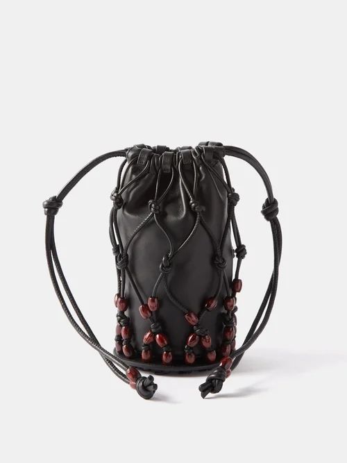 Perleta Beaded Leather Clutch Bag - Womens - Black