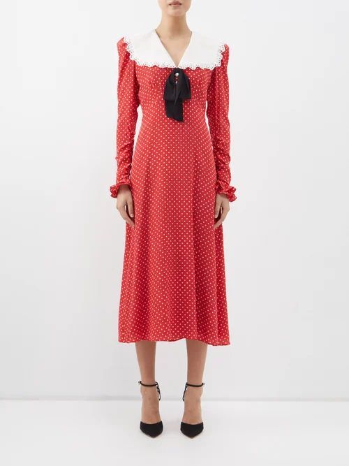 Oversized Collar Polka-dot Silk Midi Dress - Womens - Red