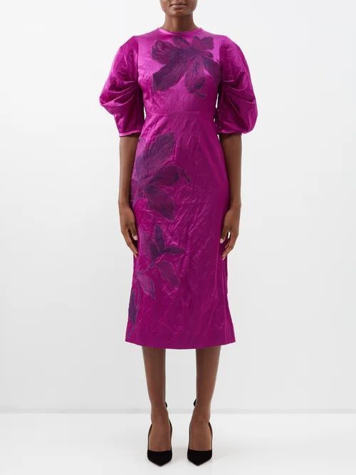 Sandrine Floral-embroidered Satin Dress - Womens - Dark Pink