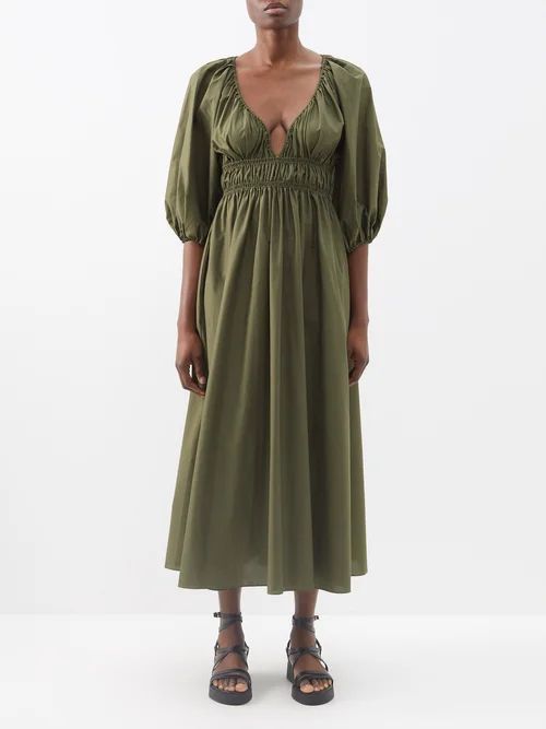 Plunge-front Shirred-cotton Midi Dress - Womens - Olive