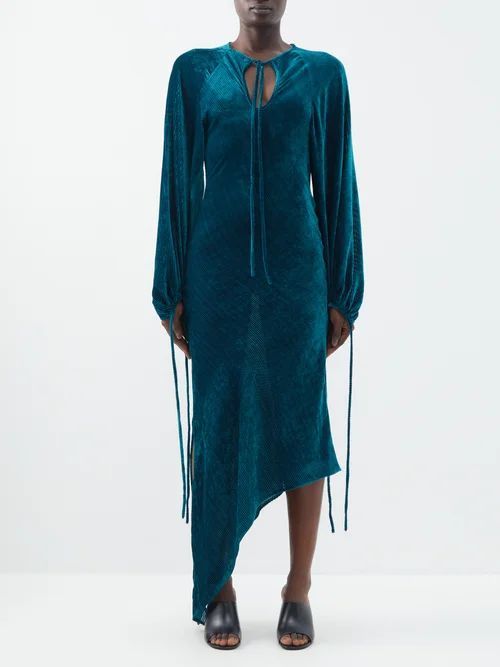 Azi Asymmetric Velvet Devoré Midi Dress - Womens - Blue Green