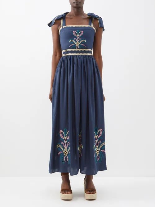 Ornella Embroidered Tencel Midi Dress - Womens - Blue Multi