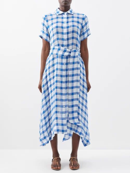 Asymmetric Gingham Linen-blend Gauze Shirt Dress - Womens - Blue White