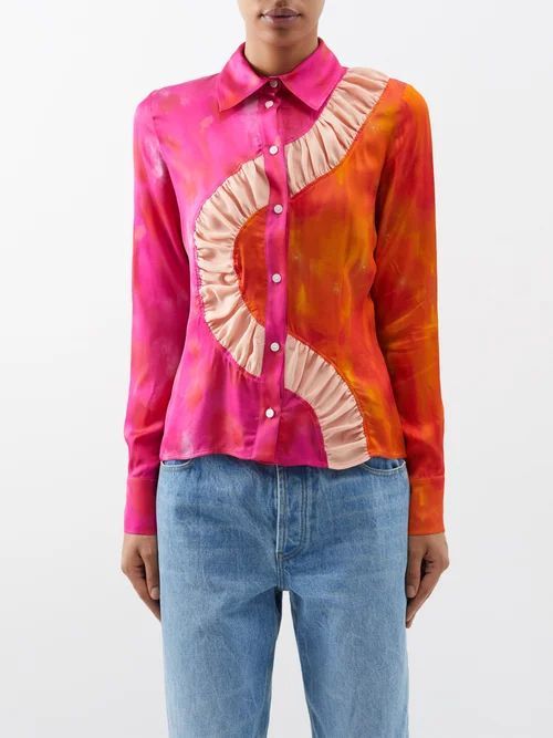 Kati Ruched-panel Printed-satin Shirt - Womens - Pink Orange
