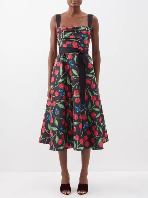 Cherry-print Faille Dress - Womens - Black Multi