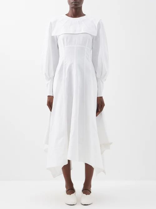 Panelled Handkerchief-hem Linen Midi Dress - Womens - White