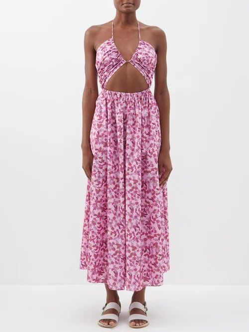 Floral-print Cutout Cotton-blend Dress - Womens - Pink Print