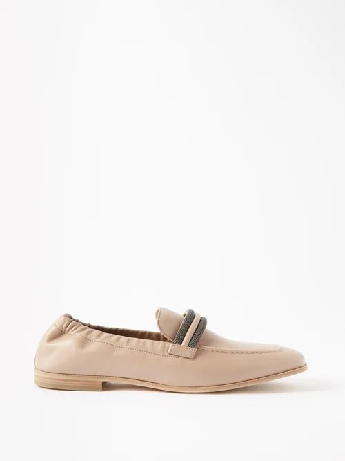 Elasticated Bead-embellished Leather Loafers - Womens - Nude