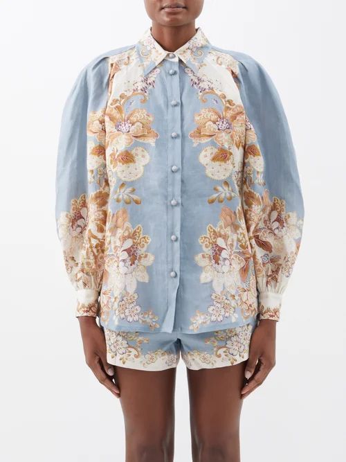 Blythe Floral-print Linen Shirt - Womens - Blue Multi